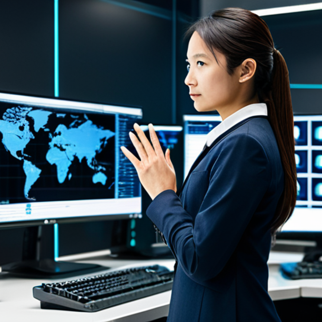 보안관제 신입 입사 성공 비결 - セキュリティ監視センターで働く女性**

*   プロンプト: A professional woman, fully clothed in appropriate business attire, ...