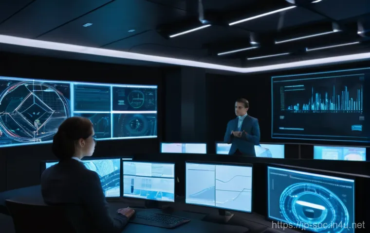 보안관제센터의 비상 대응 절차 - **Prompt 1: Vigilance in the Cyber Command Center**
    A wide shot of a futuristic, high-tech Secur...