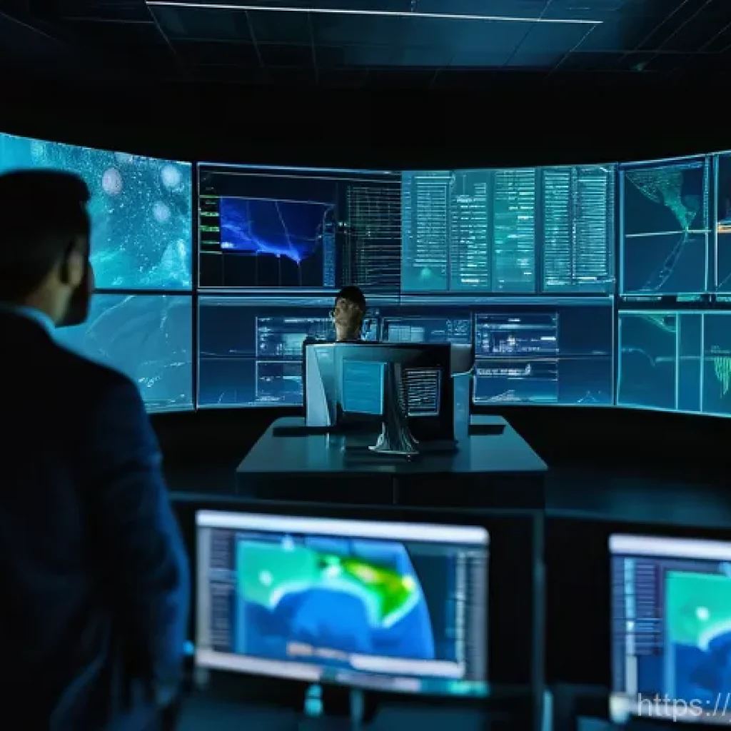 보안관제센터와 위협 사냥 Threat Hunting - **Prompt: The Vigilant Digital Watchdog**
    A futuristic Security Operations Center (SOC) at night...