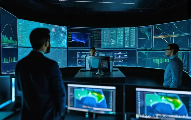 보안관제센터와 위협 사냥 Threat Hunting - **Prompt: The Vigilant Digital Watchdog**
    A futuristic Security Operations Center (SOC) at night...