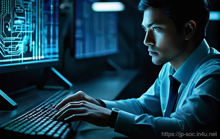 보안관제센터와 위협 사냥 Threat Hunting - **Prompt: The Vigilant Digital Watchdog**
    A futuristic Security Operations Center (SOC) at night...