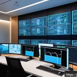 보안관제센터와 DevSecOps 협업 사례 - A modern cybersecurity operations center interior, featuring diverse Japanese professionals monitori...