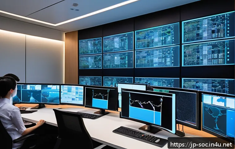보안관제센터와 DevSecOps 협업 사례 - A modern cybersecurity operations center interior, featuring diverse Japanese professionals monitori...