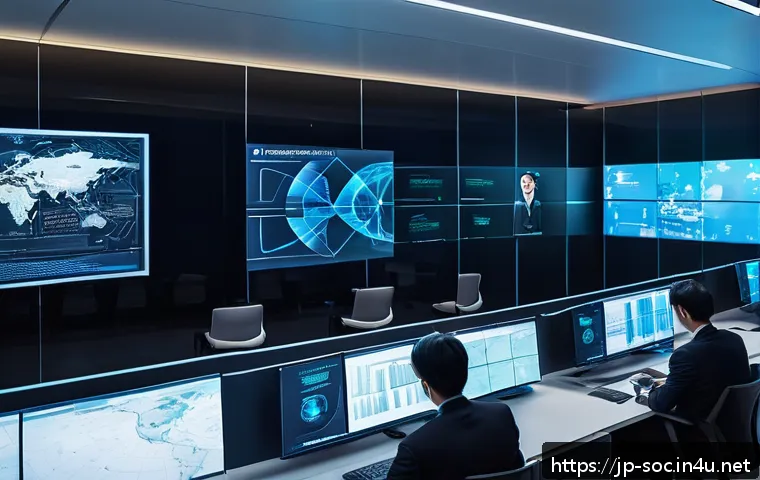 보안관제센터 운영 비용 최적화 방안 - A modern security operations center with diverse cybersecurity professionals collaborating around mu...