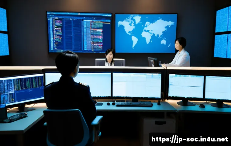 보안관제센터와 사이버 훈련 프로그램 - Photorealistic Japanese security operations center, diverse cybersecurity analysts monitoring large ...