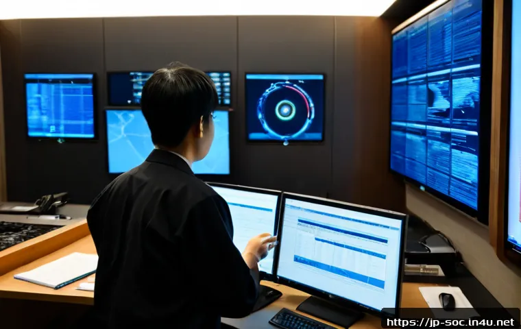 보안관제센터 운영 관련 법적 쟁점 - Photorealistic Japanese cybersecurity operations center, a diverse team of Japanese security analyst...